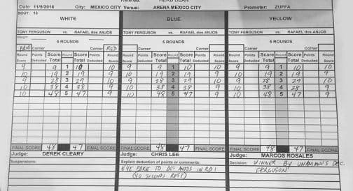 Судейский протокол поединка Рафаэль Дос Аньос – Тони Фергюсон